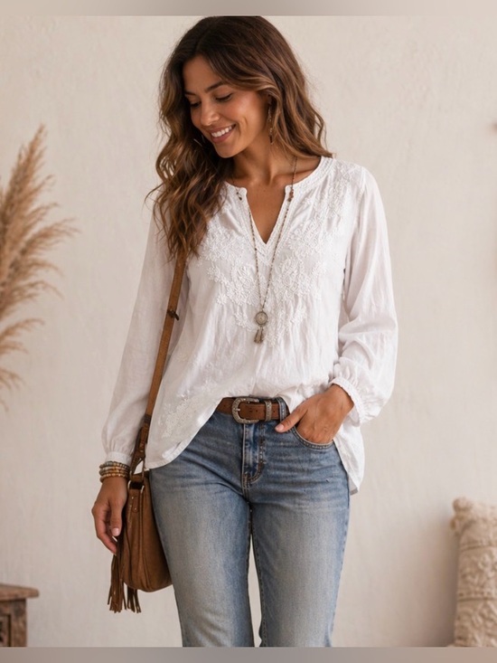 Catalog Favorites Tops - Catalog Favorites white v neck embroidered shirt, women’s large. 100% cotton.